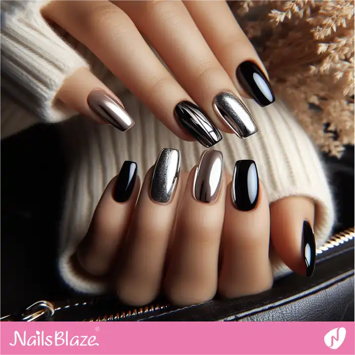 Platinum Chrome and Glossy Black Nails | Chrome Nails - NB4011